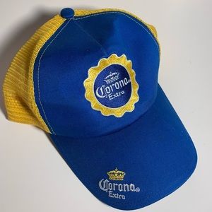 Corona Extra Mens Mesh Back Trucker Hat Blue Yellow Crown Logo NWT Double Logo